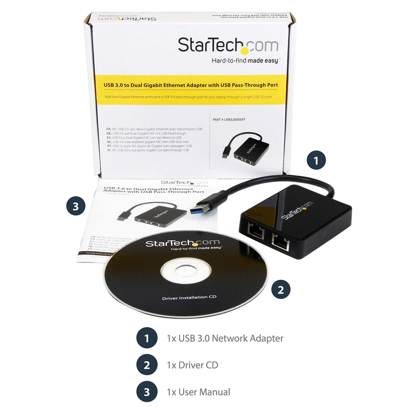 [Australia - AusPower] - StarTech.com USB 3.0 to Dual Port Gigabit Ethernet Adapter w/USB Port - 10/100/100 - USB Gigabit LAN Network NIC Adapter (USB32000SPT) Black 
