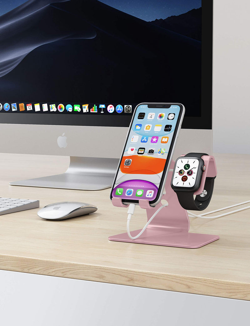 [Australia - AusPower] - Apple Watch Stand, OMOTON 2 in 1 Universal Desktop Stand Holder for iPhone and Apple Watch Series 7/6/5/4/3/2/1 and Apple Watch SE (Both 38mm/40mm/42mm/44mm) (Rose Gold) Rose Gold 