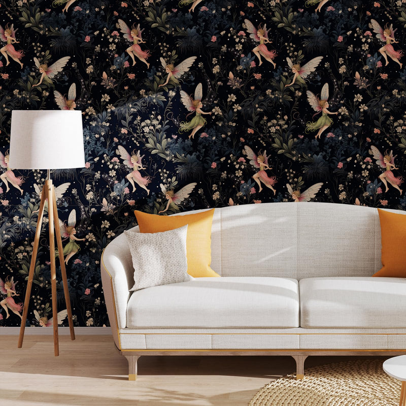 [Australia - AusPower] - Floral Wallpaper Fairy Girls Flying Night Sky Wallpaper Leaves Floral Peel and Stick Wallpaper Mural Removable Prepasted Floral Contact Paper for Cabinets Shelves Drawer Nursery Kids 17.71''x118.1'' 17.71â€x118.1â€ 