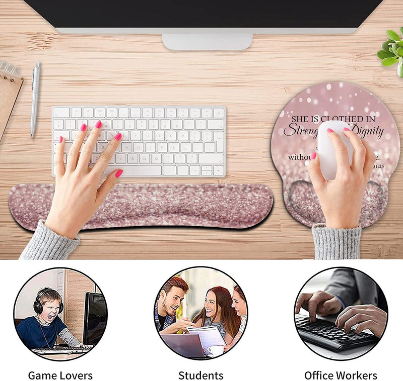 [Australia - AusPower] - Ergonomic Mouse Pad Wrist Support Gel and Keyboard Wrist Rest Set for Laptop, Mac, Gaming and Office, Durable, Comfortable and Pain Relief + Coaster, Proverbs 31:25,Bible Verse Pink Glitter 