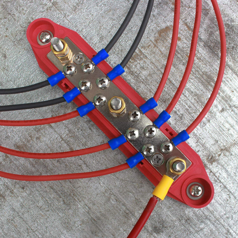 [Australia - AusPower] - Mofeez Bus Bar -3x1/4”Post,10x#8 Screw Terminal Power Distribution Block with Ring Terminals(Pair - Red & Black) Red & Black Bus Bar with Terminals 