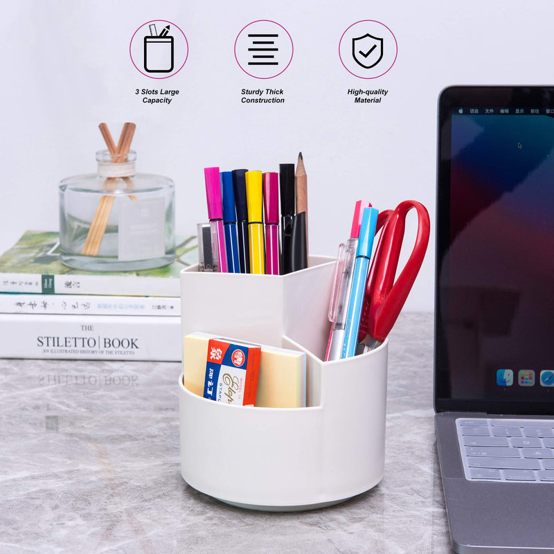 [Australia - AusPower] - Siveit Rotating Pen Holder, 3 Slots 360-Degree Spinning Pencil Pen Desktop Organizer Cute Pencil Cup Pot for Home, Office, Kids (White) White 