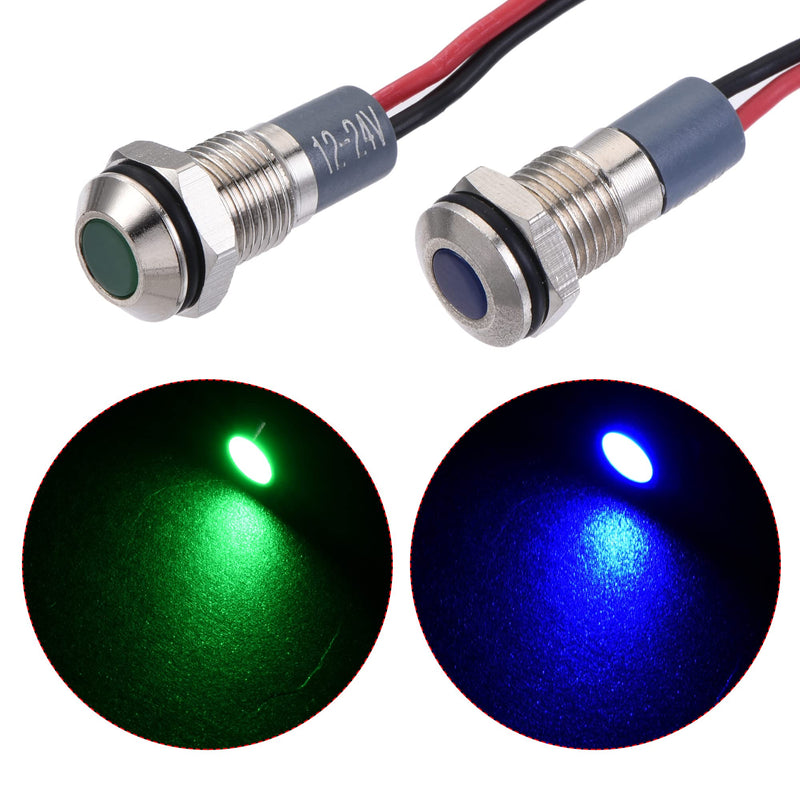 [Australia - AusPower] - MECCANIXITY Indicator LED Light AC/DC 12-24V 8mm Panel Mount Metal Shell Waterproof Signal Lamp 140mm Wire, Blue Green 