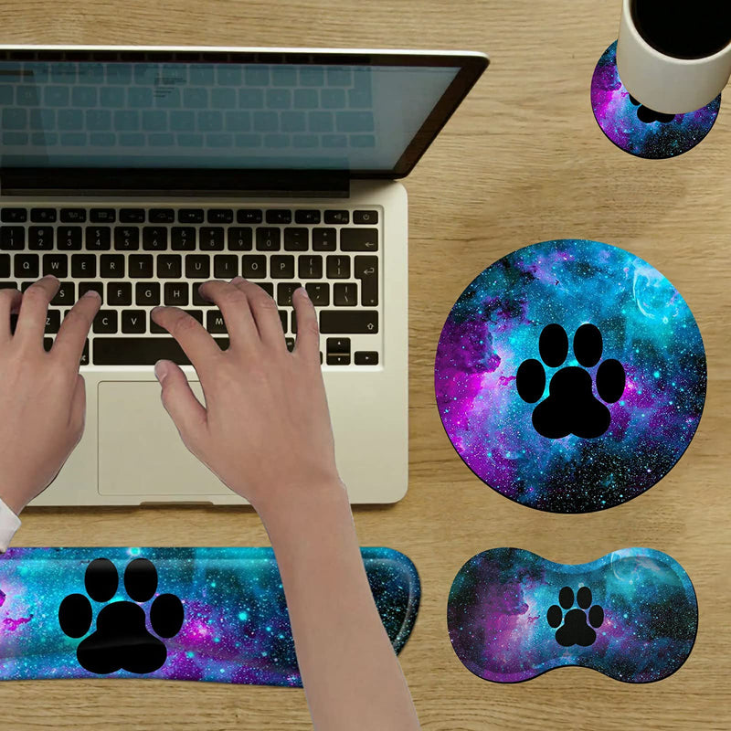 [Australia - AusPower] - Mouse Pad Wrist Support Keyboard Wrist Rest Combo+Cup Coaster [4-in-1] , Easy Typing Pain Relief, Memory Foam Gel Elbow Cushion Mousepad Set for Computer Laptop Office Home - Paw Galaxy 