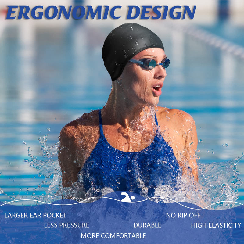 [Australia - AusPower] - 4 Pack Silicone Swimming Cap with 3D Ear Protection Cap Waterproof Bathing Solid Swimming Cap Swimming Unisex Bathing Swimming Hat for Kids Women Men Adults Child Youth Teen Long Hair, 4 Colors 