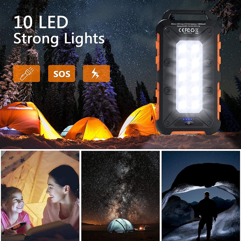 [Australia - AusPower] - Solar Power Bank, 10000mAh Portable Solar Charger Ipx4 Waterproof Phone External Battery for Hiking Camping Backpacking, Dual Fast Charger for Cell Phone, LED Source of Dark Lifesaver(Orange) Orange 