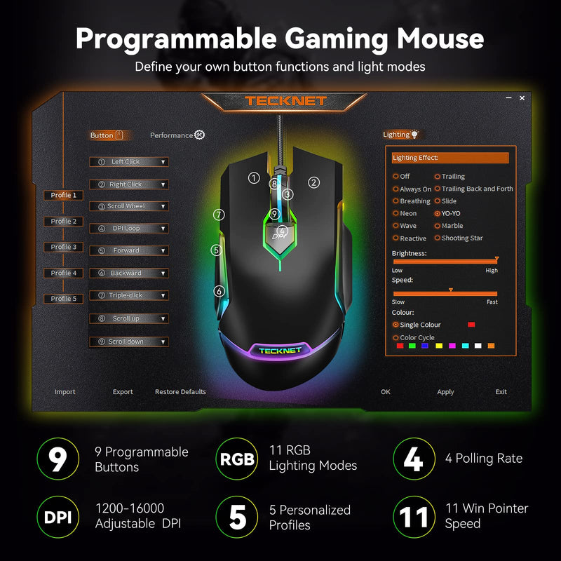 [Australia - AusPower] - TECKNET Wired Gaming Mouse, PC Gaming Mice, 16000 DPI Adjustable, 9 Programmable Modes with 7 Buttons, RGB Backlit Ergonomic Computer Mouse for Laptop Windows/PC/Mac/ Gamer - Black 