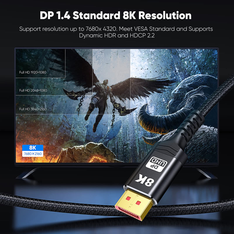 [Australia - AusPower] - VESA Certified 1.4 DisplayPort Cable 6FT, Capshi 8K DP Cable (8K@60Hz, 4K@144Hz, 1080P@240Hz) HBR3 Support 32.4Gbps, HDCP 2.2, HDR10 FreeSync G-Sync for Gaming Monitor 3090 Graphics PC 6.6 feet 