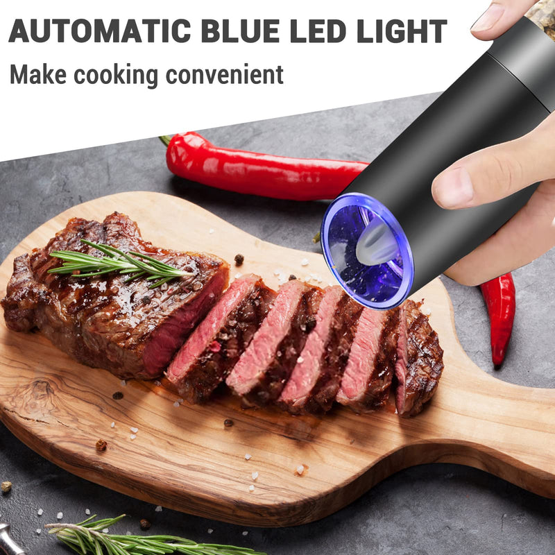 [Australia - AusPower] - MOVNO Gravity Electric Salt and Pepper Grinder Set of 2 with Blue LED Light, Battery Powered Pepper Automatic Mill Grinder with a Brush, Adjustable Coarseness, One Hand Operation, Black 2 pack 