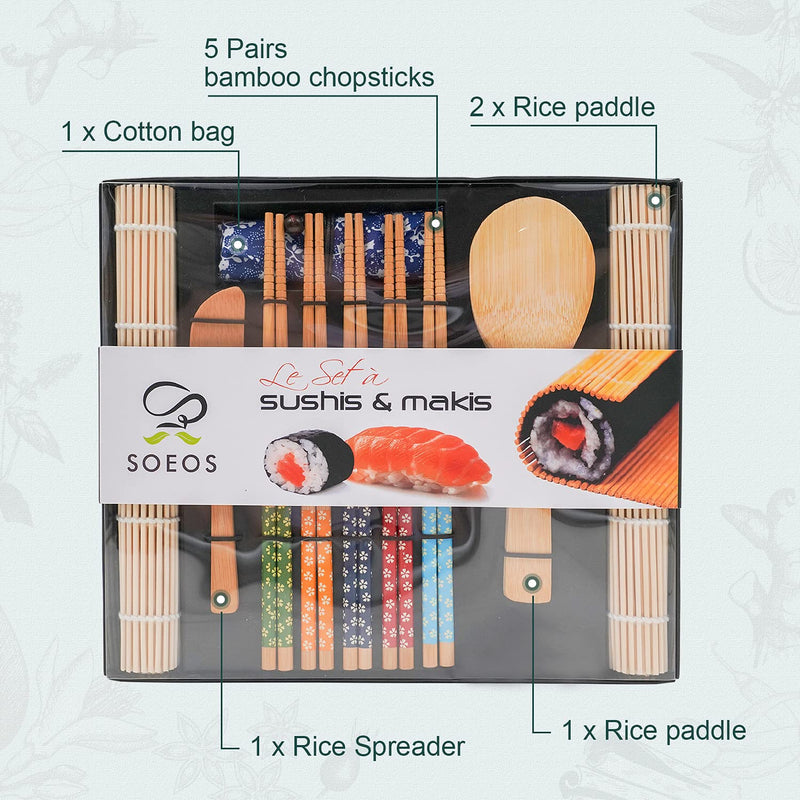 [Australia - AusPower] - Soeos Beginner Sushi Making Kit, 10 Piece Bamboo Sushi Kit with 2 Bamboo Rolling Mats, 5 Pairs Chopsticks, Paddle, and Spreader, All Natural, Sushi Making Kit Gift Set, Sushi Maker Kit, Sushi Maker. 
