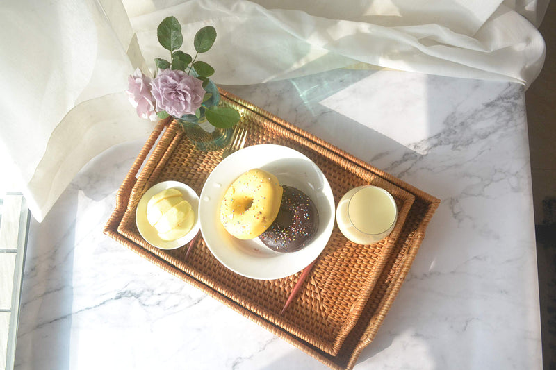 [Australia - AusPower] - DECRAFTS Hand-Woven Rattan Rectangular Serving Tray with Handles for Breakfast, Drinks, Snack for Coffee Table (14.5x10.2x1.4inches) 14.5x10.2x1.4inches 