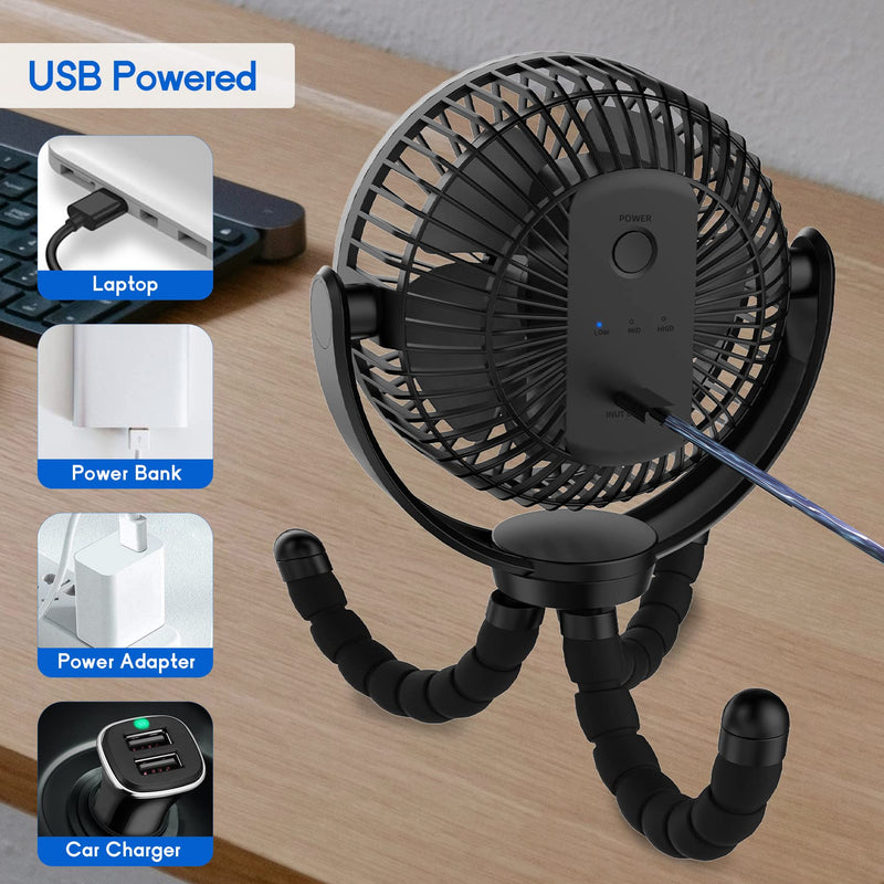 [Australia - AusPower] - Mini Baby Stroller Fan , 5-Inch Handheld Portable Fan, 3 Speed USB Clip Fan, 5000mAh Rechargeable Desk Fan, with Flexible Tripod, Suitable for Outdoor, Camping ,Treadmill and car TF-28BW-5'' 
