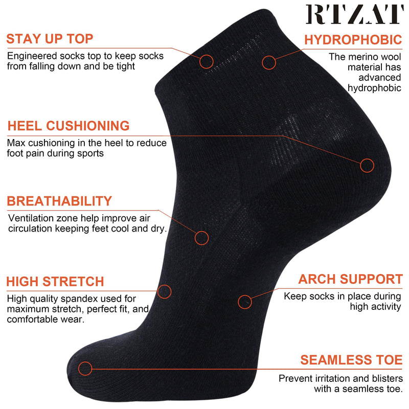 [Australia - AusPower] - Athletic Ankle Socks, RTZAT Men's Women's 90% Merino Wool Thin Ultra-Light Running Moisture Wicking Socks, 3 Pairs #Black Large 