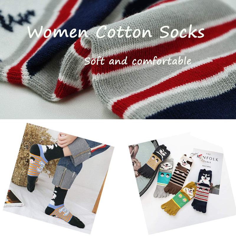 [Australia - AusPower] - Women's Toe Sock Cute Cat Dog Ankle Sock Cotton Athletic Running Five Finger Socks for Girls (5 Pairs) Multicolored 3 6-10 