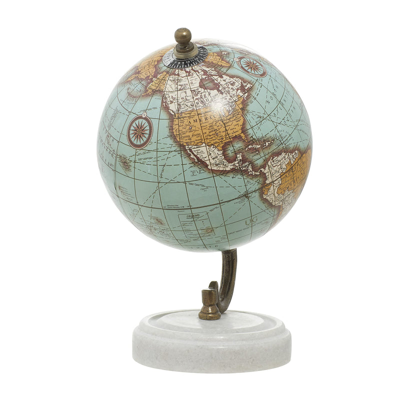 [Australia - AusPower] - Deco 79 Modern Metal Marble Globe Wood MBL 5" W, 7" H-94444, 5" x 7", Aqua 