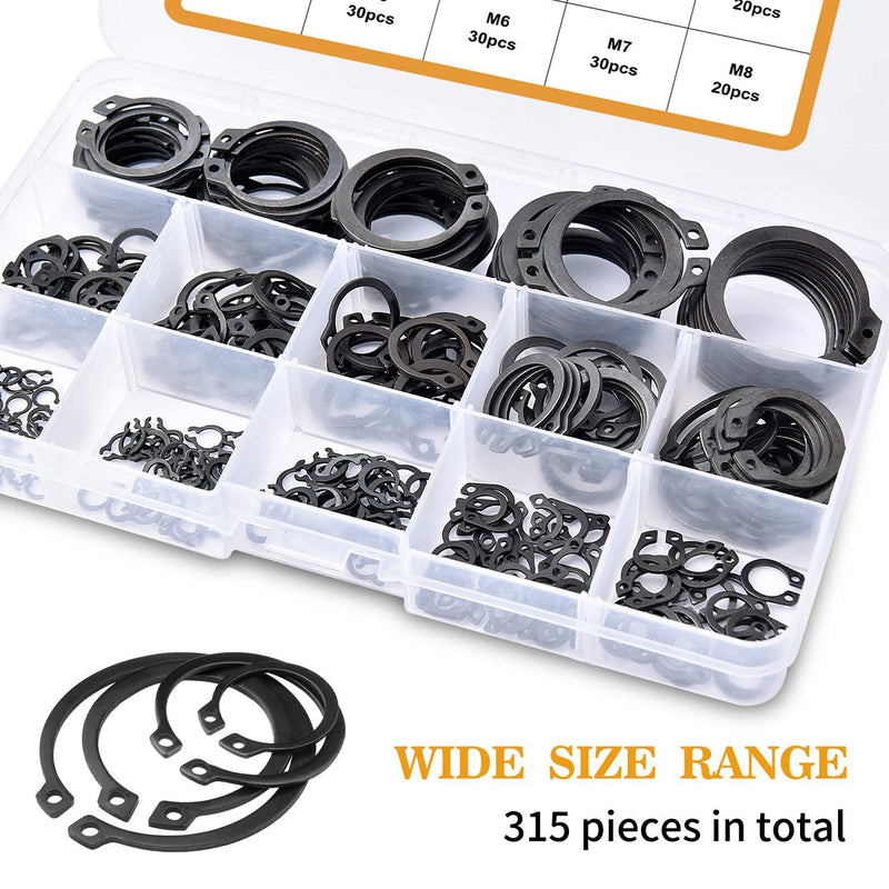 [Australia - AusPower] - VIGRUE 315Pcs Snap Ring Shop Assortment Alloy Steel External Circlip Snap Retaining Clip Rings Set, 15 Sizes 