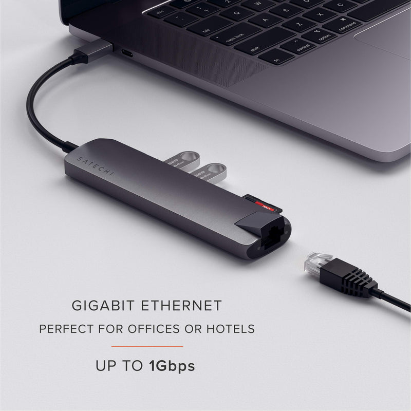 [Australia - AusPower] - Satechi USB-C Slim Multi-Port with Ethernet Adapter - 4K HDMI, Gigabit Ethernet, USB-C PD Charging - Compatible with 2020 MacBook Pro/Air M1 (Space Gray) Space Gray 