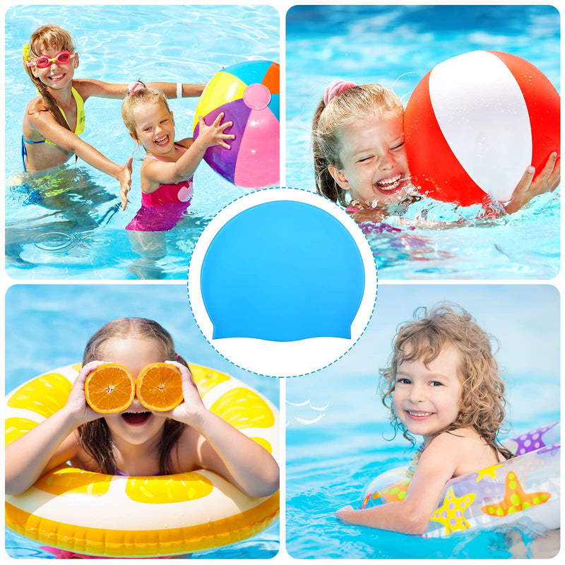 [Australia - AusPower] - 3 Pieces Kids Swim Caps for Long Hair Silicone Swimming Cap for Girls Boys Kids Teens with Long Curly Hair Braids Dreadlocks Large Waterproof Swim Hat Plain Style Pink, Light Blue, Purple 