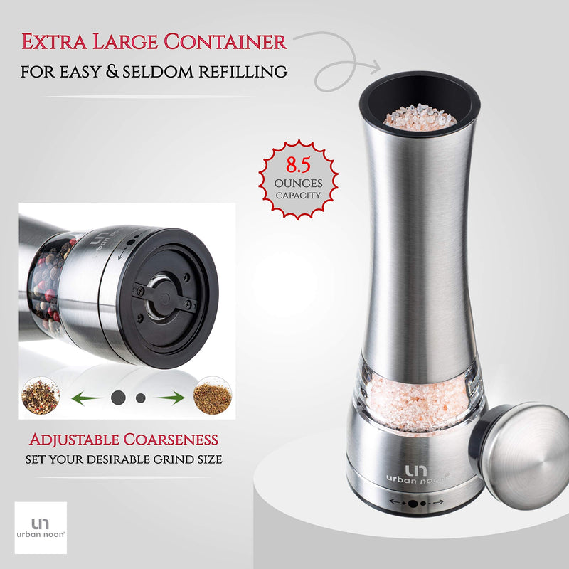 [Australia - AusPower] - Salt and Pepper Grinder Set - Stainless Steel Pepper Grinder and Salt Grinder with Tray in Luxurious Gift-Box - Manual Mills with Ceramic Grinders and Adjustable Coarseness (Set of 2 plus Tray) 