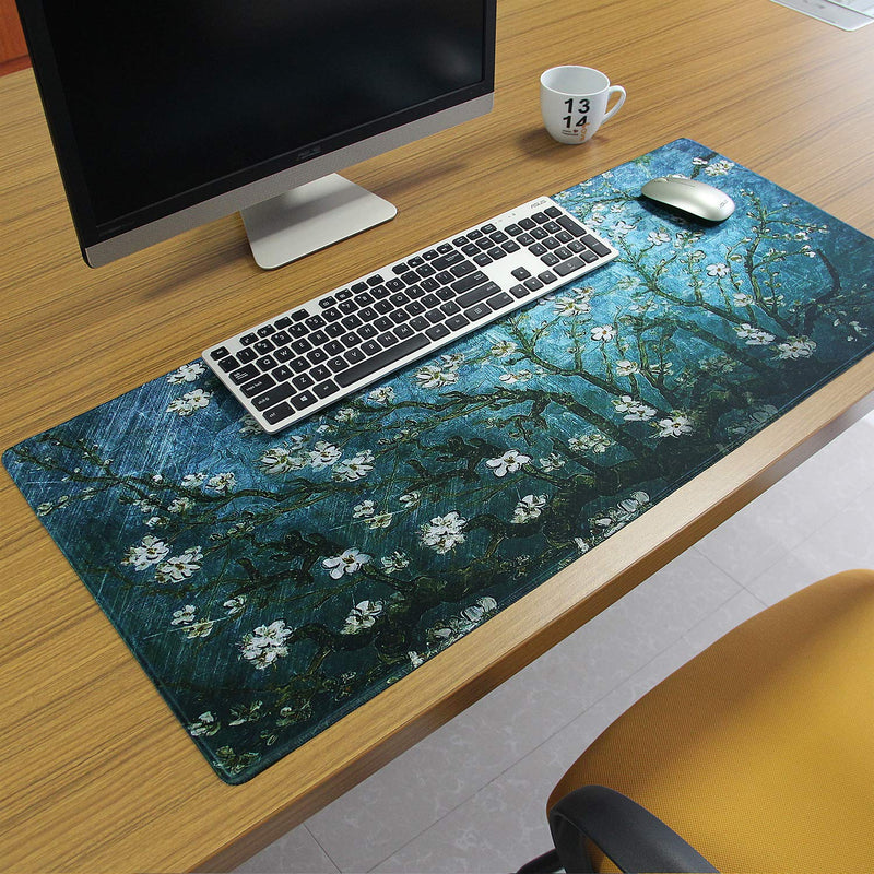 [Australia - AusPower] - Meffort Inc Extra Large Extended Gaming Desk Mat Non-Slip Rubber Pads Stitched Edges Mouse Pad 35.4 x 15.7 inch - Vincent Van Gogh Almond Blossom 