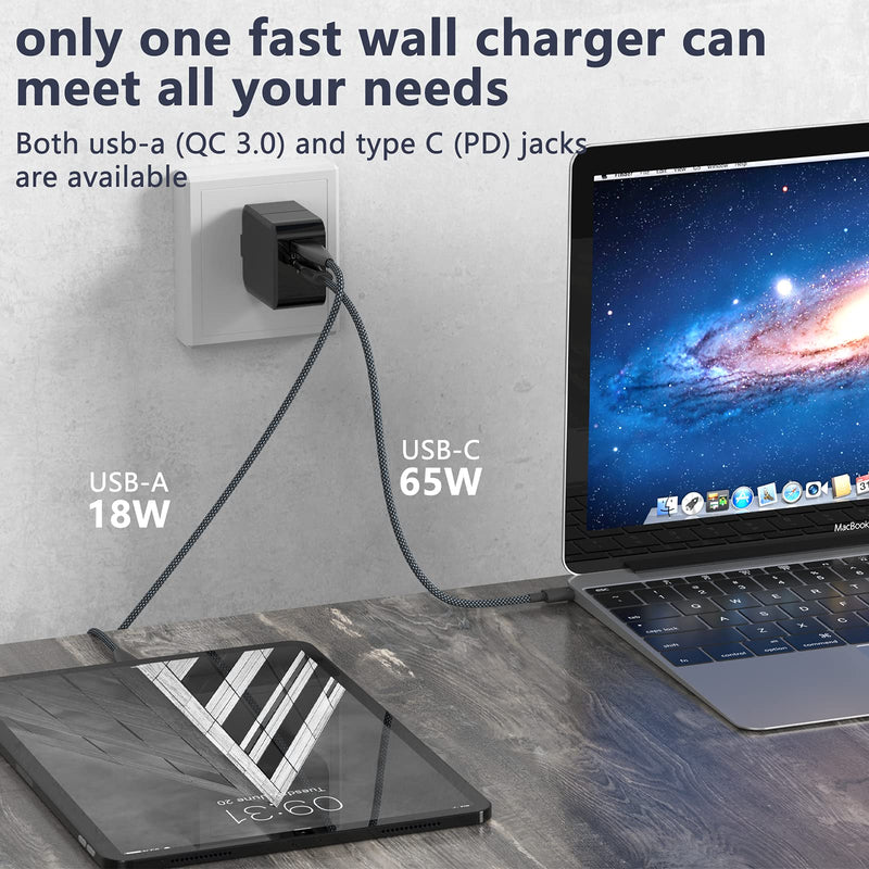 [Australia - AusPower] - USB C & A Adapter Charger, WONGSAM 65W Laptop Adapter Charger, GaN tech Fast Charger, with 2 Port, Foldable Plug, Compatible with MacBook,iPad, iPhone, Mobile Phone, USB Devices, Black 