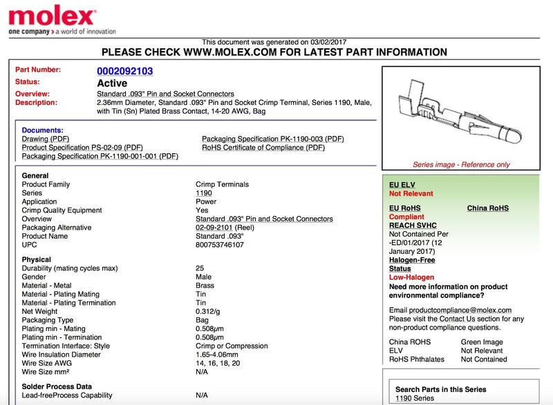 [Australia - AusPower] - 2-Circuits .093" - MOLEX Connector, 5 Matched Set,14-20 AWG, Free Hanging, w/Lock 