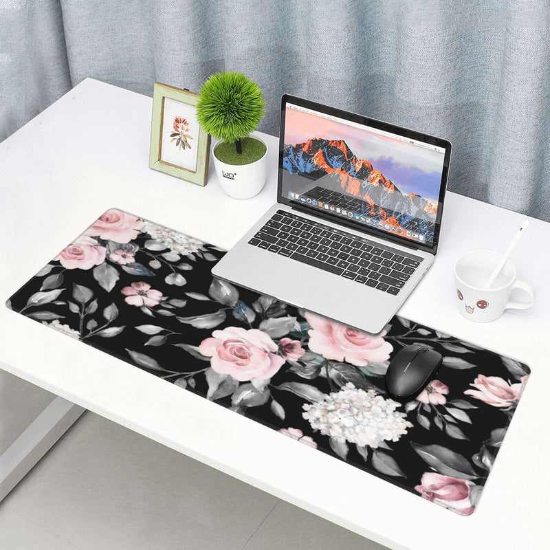 [Australia - AusPower] - Floral Extended Gaming Mouse Pad Non-Slip Rubber Base Black Large Mousepad 31.5x11.8in with Stitched Edge Waterproof Pink Peony Flowers Pads Computer Black Desk Laptop Mats for Work/Game/Office/Home Flower 
