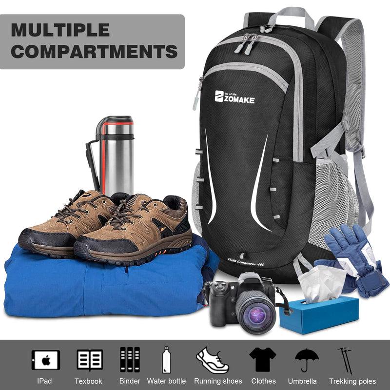 [Australia - AusPower] - Packable Hiking Backpack Water Resistant,40L Lightweight Daypack Foldable Backpack for Travel,By Zomake Black 