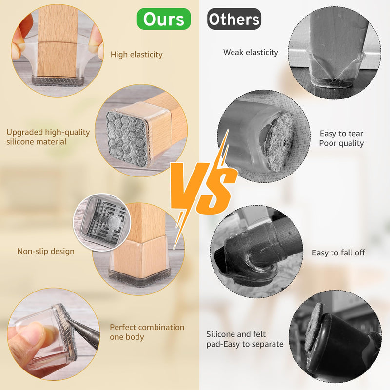 [Australia - AusPower] - 24PCS Square Chair Leg Floor Protectors, Furniture Sliders for Chair Legs, Chair Leg Protectors for Hardwood Floors, Non-Slip Felt Furniture Pads, Silicone Cap Covers to Protect Floors, Large L-Clear 