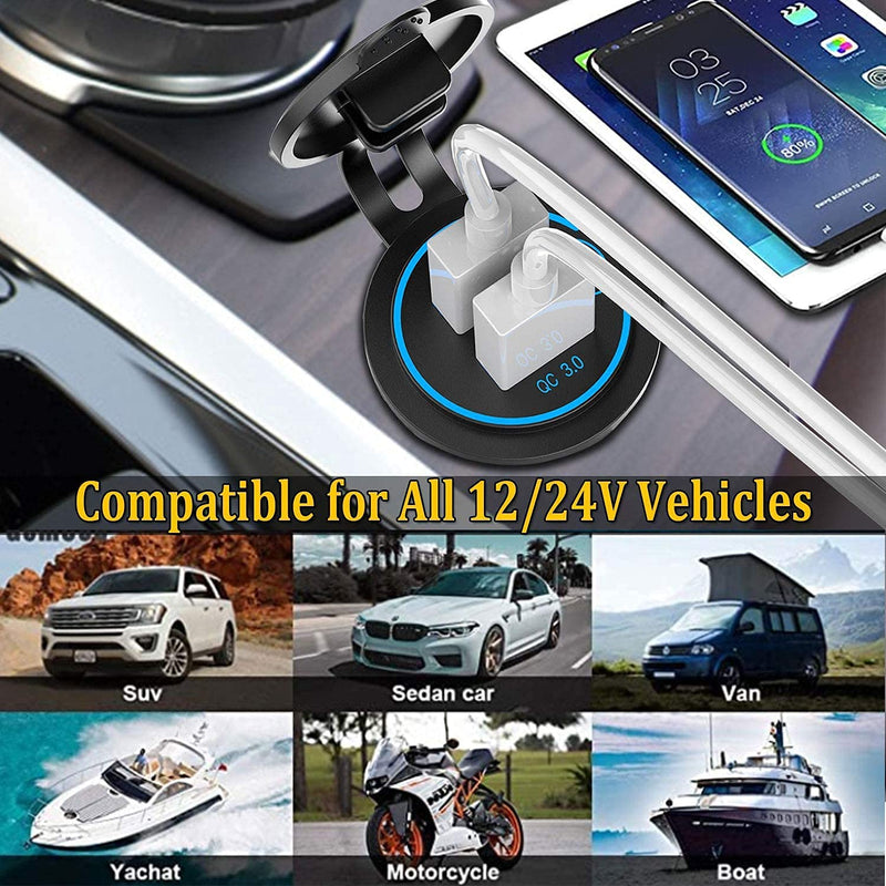 [Australia - AusPower] - [2 Pack] 12V USB Outlet, Quick Charge 3.0 Dual USB Power Outlet with Touch Switch, Waterproof 12V/24V Fast Charge USB Charger Socket DIY Kit for Car Boat Marine Bus Truck Golf Cart RV Motorcycle, etc. 