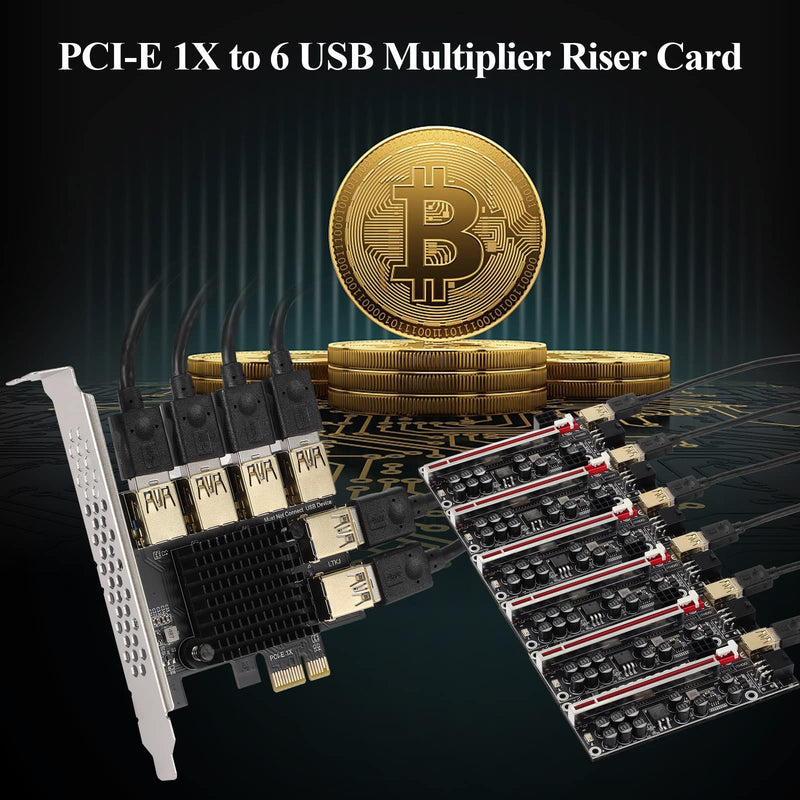 [Australia - AusPower] - MZHOU PCI-E 1 to 6 USB Slots Riser Card - Higher Stability USB 3.0 Adapter Multiplier Card for Bitcoin Mining Compatible with Windows Linux Mac,Black PCIE 1X to 6USB-2 
