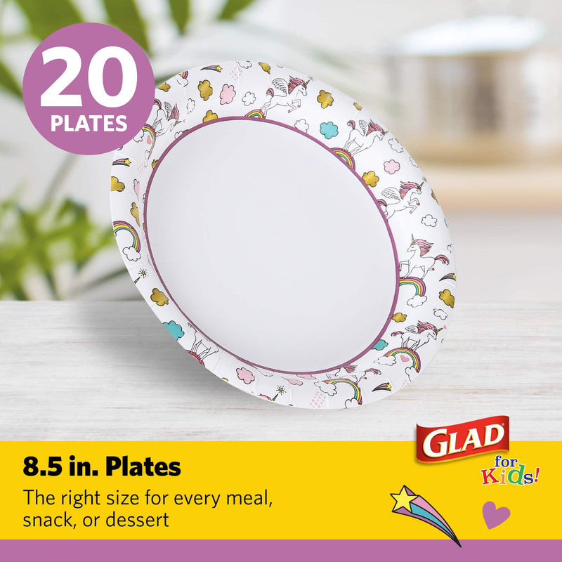 [Australia - AusPower] - Glad for Kids Unicorn Paper Plates, 20 Count - White Paper Plates with Unicorn Design for Kids Heavy Duty Disposable Paper Plates for Everyday Use and All Occasions, 8 1/2 Inch 8.5" Round Plates 20ct 