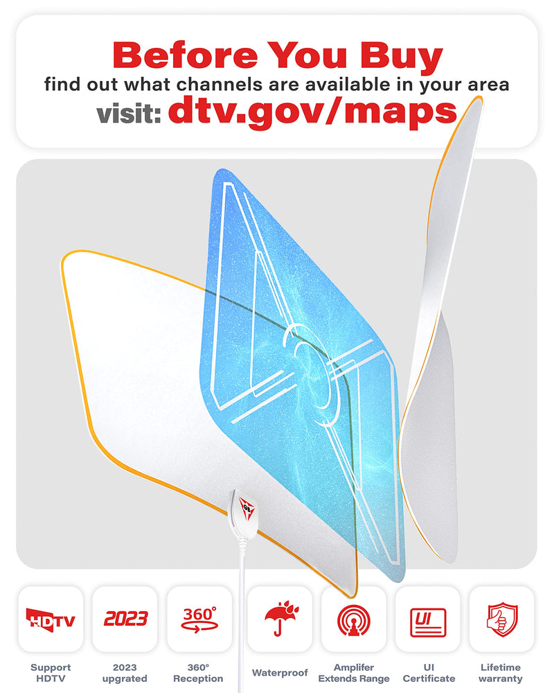 [Australia - AusPower] - 2023 Gesobyte Amplified HD Digital TV Antenna Long 250+ Miles Range - Support 4K 8K 1080p Fire tv Stick and All Older TV's - Indoor Switch Amplifier Signal Booster - 18ft HDTV Cable/AC Adapter (White) White 