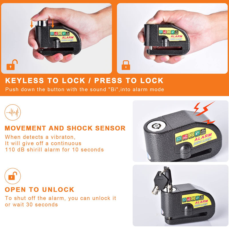 [Australia - AusPower] - Disc Brake Lock, Motorcycle Alarm Disc Lock Anti-Theft Security Lock Waterproof 110dB Alarm Sound with 5ft Reminder Cable Keys & Carry Pouch for Motorbike Bike Scooter Black 
