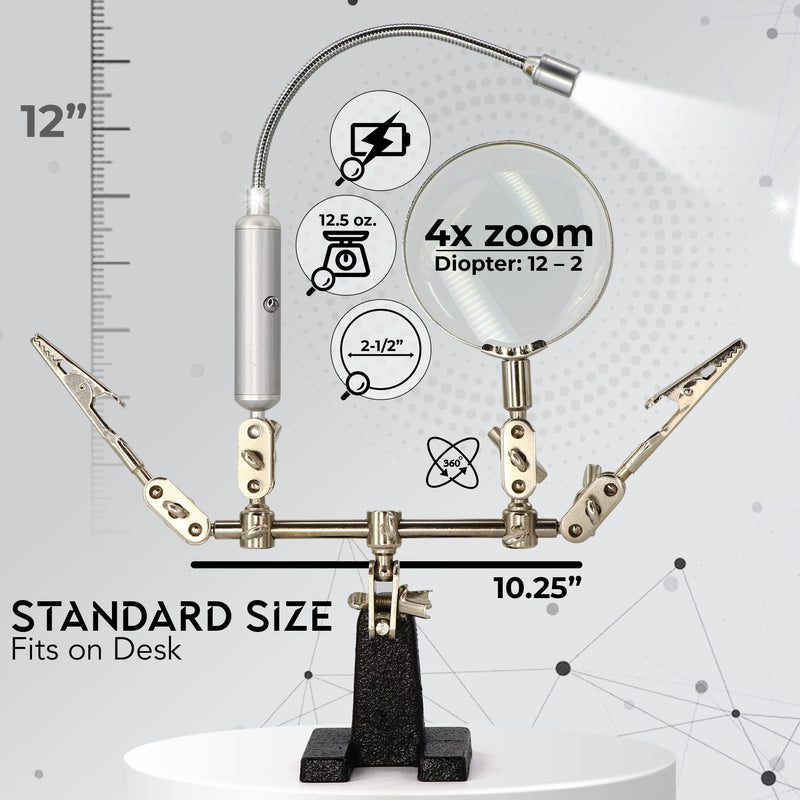 [Australia - AusPower] - Ram-Pro Helping Hand Magnifier Glass Stand with Flexible Neck LED Flashlight & Alligator Clips – 3X Magnifying Lens, Perfect for Soldering, Crafting & Inspecting Micro Objects WITH LED LIGHT 