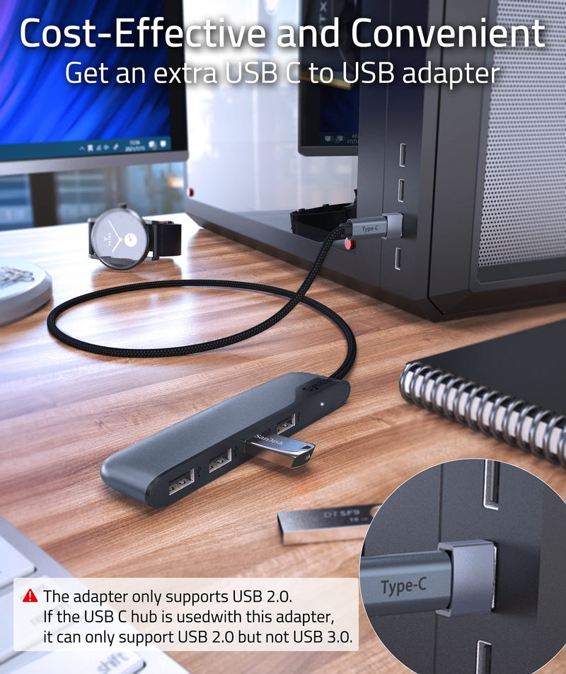 [Australia - AusPower] - USB C to USB Hub 4 Ports with 2ft Extended Cable, Syntech Thunderbolt 3 to USB 3.0 Hub with a USB C to USB Adapter (USB 2.0), Compatible with Thunderbolt 4 MacBook Pro, iPad Pro, iMac, Surface 