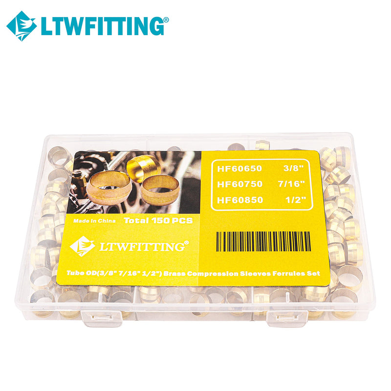 [Australia - AusPower] - LTWFITTING Assortment Kit 3/8 7/16 1/2 Inch OD Compression Sleeves Ferrules, Brass Compression Fittings(Pack of 150) 