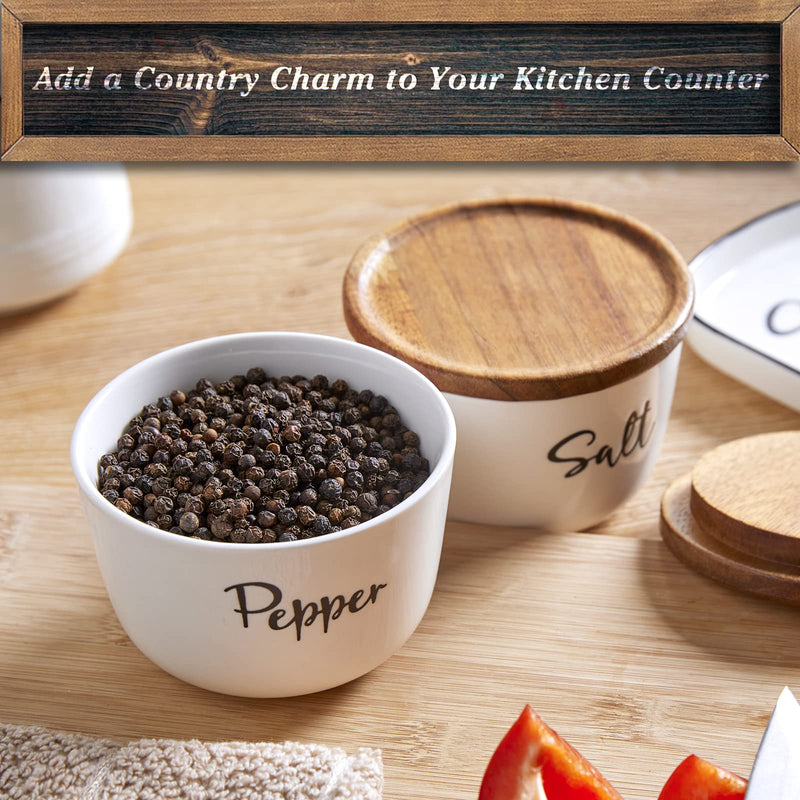 [Australia - AusPower] - Farmhouse Salt and Pepper Bowls, DAYYET 10 oz Salt Cellar with Lid, Stacked Ceramic Salt Pepper Container with Wooden Lid, Salt Box for Countertop, Modern Farmhouse Kitchen Decor, Set of 2, White 
