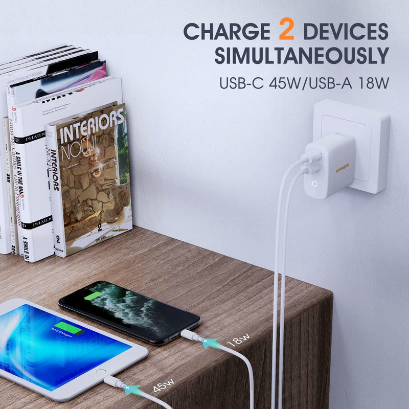 [Australia - AusPower] - USB C Wall Charger-AMMOD 65W Dual Port iPhone 13 Wall Charger, Type c Charger Fast Charging with Foldable Plug, Compatible with iPhone 13/ iPhone 13 Pro Max/12/12 Pro Max, iPad/iPad Mini, and More 