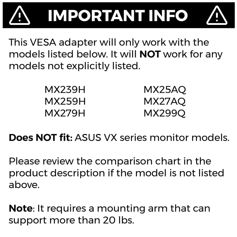 [Australia - AusPower] - VESA Mount Adapter Compatible with Asus Monitors MX239H, MX259H, MX279H, MX299Q, MX25AQ, and MX27AQ - by HumanCentric 