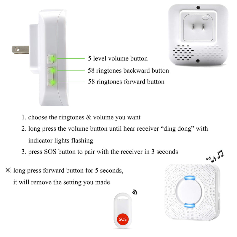 [Australia - AusPower] - KITOOPS Wireless Caregiver Pager Elderly Monitoring Patient Home Doorbeel Personal Smart Call System 2 SOS Call Help Alert Button Transmitters 2 Receivers B26 White 