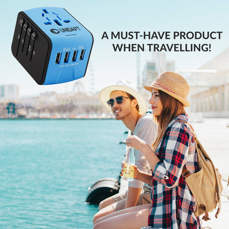 [Australia - AusPower] - Unidapt Universal Travel Adapter, International Outlet Adaptor, Fast 2,4A 4-USB Worldwide European Power Charger, AC Wall Plug Adapters – All in One for Europe US USA UK EU AUS & Asia Blue 