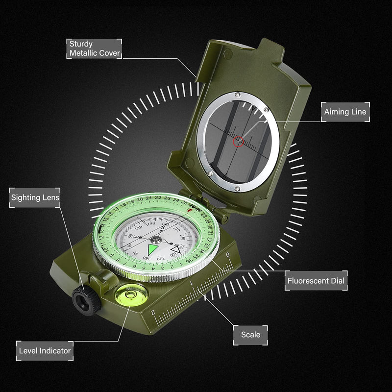 [Australia - AusPower] - zydxcccy Military Lensatic Sighting Compass Survival with Carrying Bag, Compass for Hiking,Waterproof and Shakeproof, Army Green 