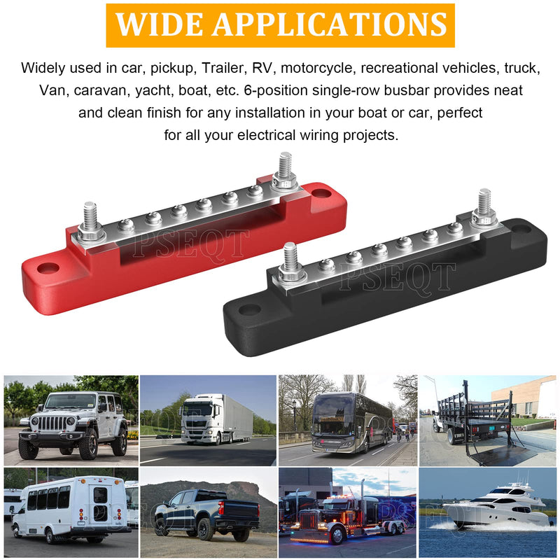 [Australia - AusPower] - PSEQT 6 Terminal Bus Bar Ground Power Distribution Terminal Block Bus Bar with Cover for Auto Marine Car Pickup Trailer RV Boat - Red & Black 2Pcs 6 Way Terminal Bus Bar w/ Red&Black Base 