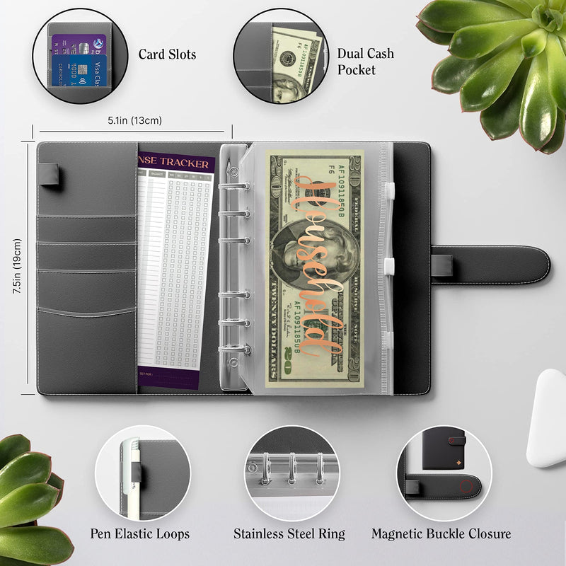 [Australia - AusPower] - A6 Budget Binder with Cash envelopes for budgeting - Black PU Leather Money Organizer for cash, 10 Gold Vinyl Printed Stickers Money Envelopes 