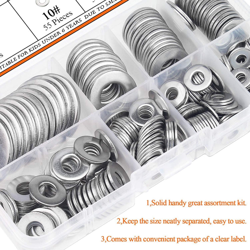 [Australia - AusPower] - HELIFOUNER 270Pieces 8 Sizes Stainless Steel Flat Washers Assortment Kit, 1/2 3/8 5/16 1/4 12# 10# 8# 6# 