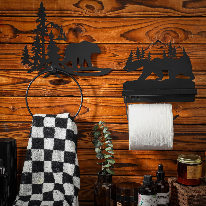 [Australia - AusPower] - Funrous 2 Pcs Bear Toilet Paper Holder Bear Towel Ring Holder for Bathroom, Black Bear Cabin Decor Bear Bathroom Towel Holders with Shelf Wall Mount Forest Farmhouse Towel Rack for Bathroom Kitchen 