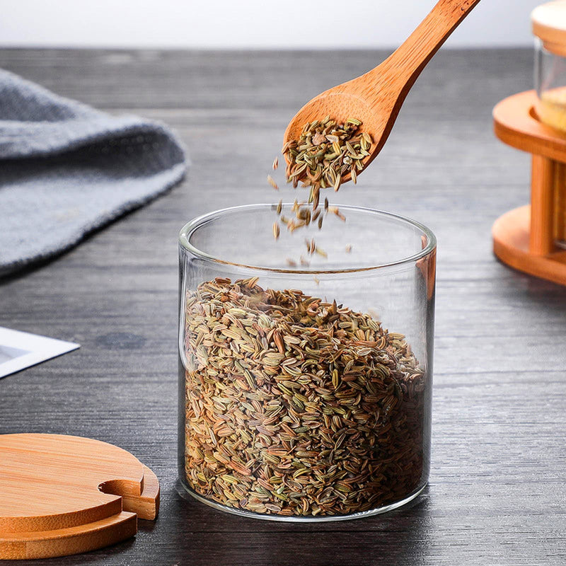[Australia - AusPower] - 300ML/10Oz Clear Glass Jar with Bamboo Lid and Wooden Spoon, Cute Sugar Bowl Bath Salt Storage Canister Seasoning Container Condiment Pot with Scoop for Spice, Pepper for Kitchen, Table, Countertop 1 