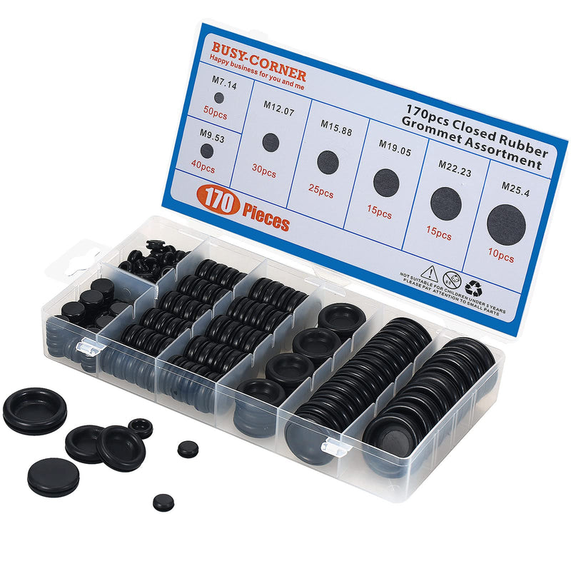 [Australia - AusPower] - BUSY-CORNER 170 Pieces Closed Rubber Grommet Assortment, 7 Sizes, Firewall Solid Closed Hole Plug for Wire Electrical Appliance Plumbing 170PCS Closed Rubber Grommet Kit 