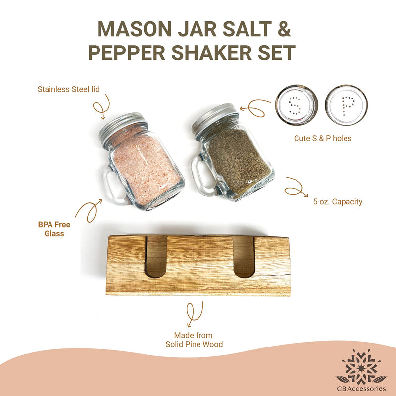 [Australia - AusPower] - Mason Jar Salt and Pepper Shakers Set with Wood Caddy, Easy to Clean & Refill for Farmhouse Kitchen Table, Rustic Home Decor and Gifts Clear 